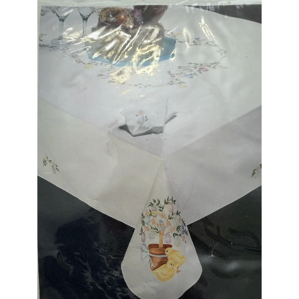 JABARA Easter Egg Tree Tablecloth 65x82 White Cotton Oblong Easter Chicks